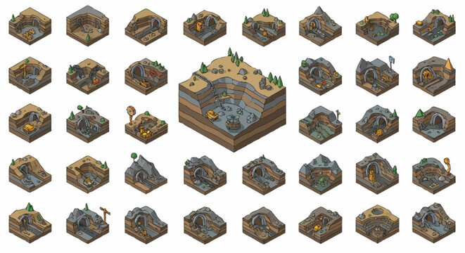Isometric mining elements and terrain, including mines, tunnels, and resources like gold and coal.