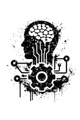 Fototapeta na wymiar Black and white illustration of a human head with a brain made of circuits and a gear, representing artificial intelligence and technology.
