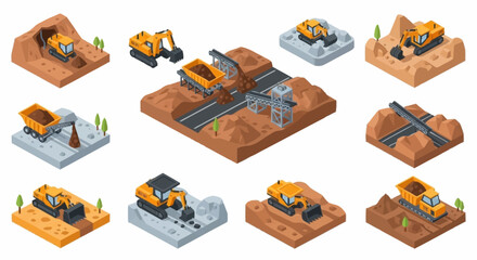 Isometric construction vehicles and equipment performing various earthmoving tasks on a construction site. © erviana