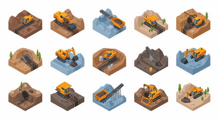 Set of isometric illustrations depicting excavators and construction machinery in various work environments and scenarios. © erviana