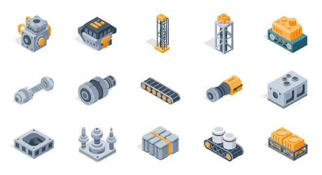 Collection of isometric industrial machine parts and components for manufacturing and engineering.