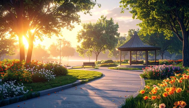 Sunrise park scene with winding path