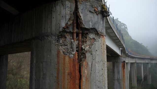 Close up of cracked concrete bridge pillar revealing rebar