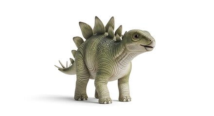 Fototapeta premium A charming, detailed illustration of a baby Stegosaurus dinosaur with green skin and distinctive plates, standing on a clean white background.