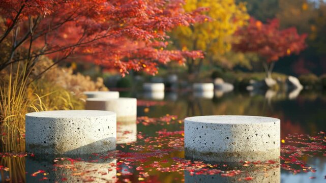 Scenic autumn park scene featuring a pond and stone garden elements.