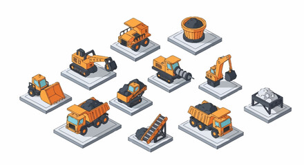 Isometric illustration of various construction and mining vehicles and equipment on white background. © erviana