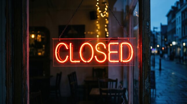 Red neon closed sign glowing in a store window at night with city street reflections on the glass business reflection