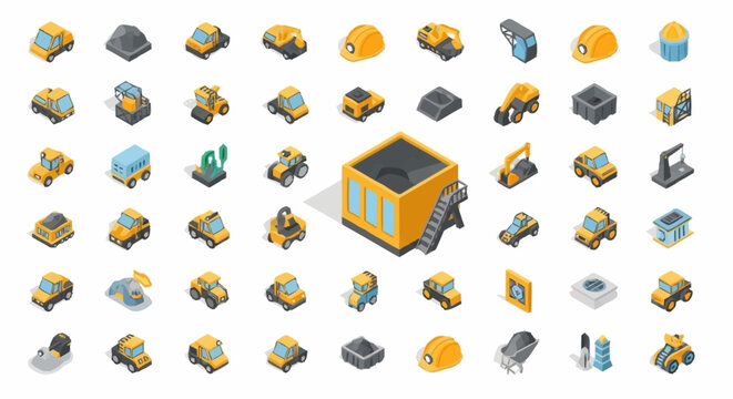 Collection of isometric construction vehicles and elements, perfect for urban planning or industrial design projects.