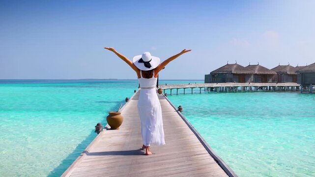 A happy luxury woman in white summer dress walks over a wooden pier in the Maldives islands and enjoys her tropical holidays