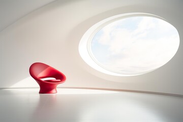 Naklejka premium Red chair sitting in a bright, modern, minimalist room with an oval window