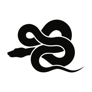 Minimalist snake silhouette vector, coiled black serpent icon, slithering reptile graphic element for logo design and tattoo art