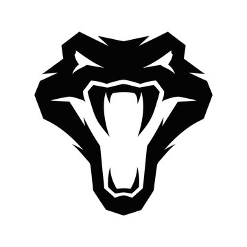 Aggressive snake head mascot vector, black viper silhouette with sharp fangs, fierce cobra logo for gaming and sports team branding