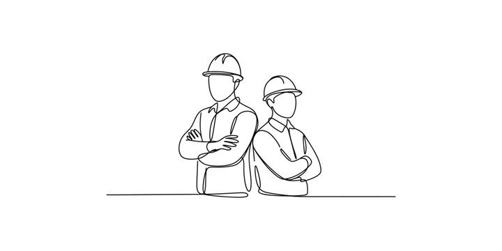 Two construction workers wearing hard hats standing back to back with arms crossed in a minimalist line drawing style
