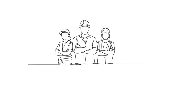 Line drawing of three construction workers wearing hard hats standing with arms crossed on white background