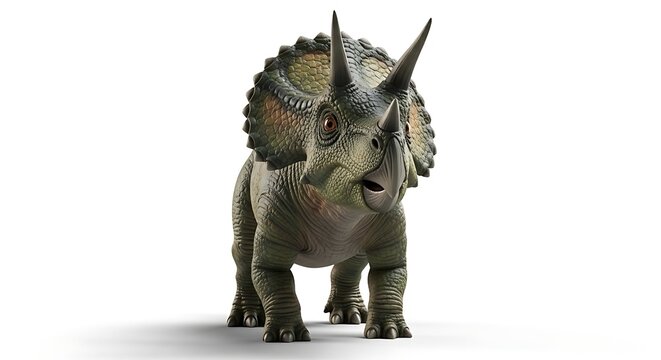 A detailed, realistic 3D rendering of a Triceratops dinosaur standing on a clean white background, looking directly at the viewer.