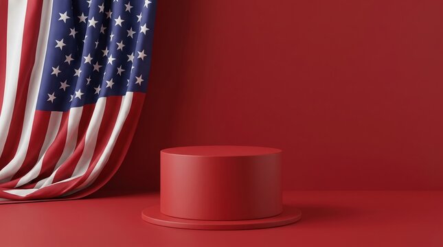 Patriotic product display podium with united states flag and red background for national holiday promotion, pedestal