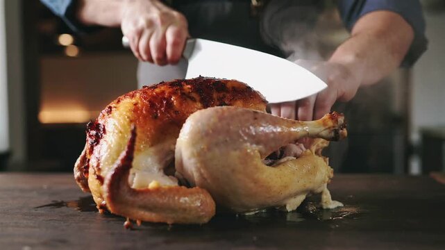 Masterful carving of a glistening oven-roasted poultry on a rich wooden surface at the heart of the kitchen