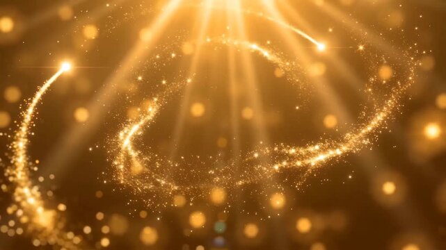 Golden sparkling particles forming circular light trail with radiant beams, elegant glowing background for luxury branding, celebration visuals, festive promotions, premium presentations, and creative
