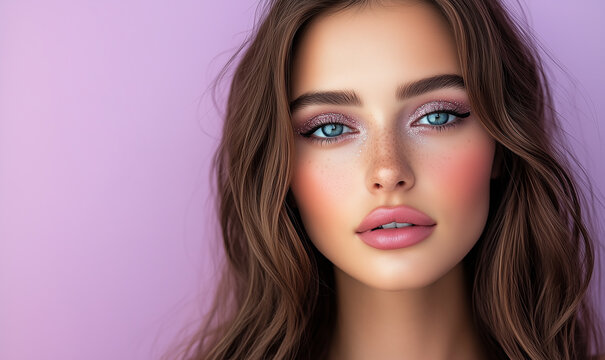 Front facing photo of a beautiful female with long, brunette hair, blue eyes wearing sparkly pink eye makeup, with black winged eyeliner, blush, and glossy lips on pastel purple background.