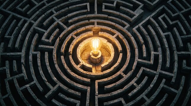 Overhead view of circular labyrinth maze with bright glowing golden light at the center success concept, labyrinth