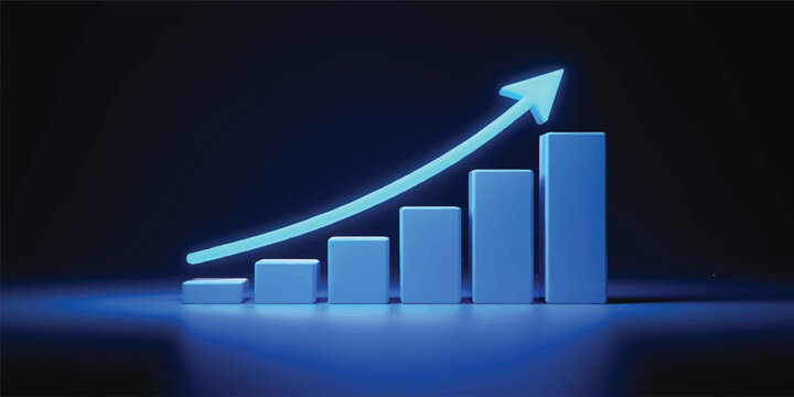 A 3D business graph with a red arrow showing financial growth and market success on a red background illustration