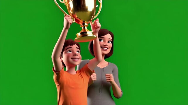 Joyful animated mother and son celebrate a shared victory, proudly raising a gleaming golden trophy together, embodying success and happiness on a green screen