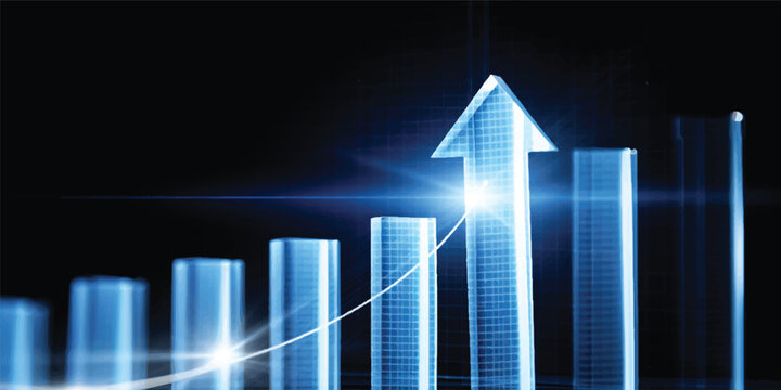 A 3D illustration of a business growth graph featuring a rising arrow on a black background to represent financial success and market progress