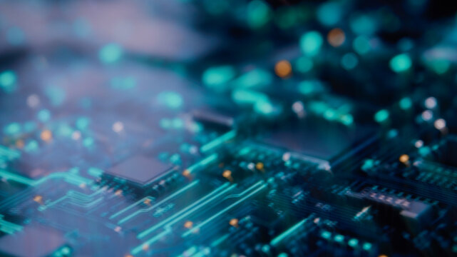 Futuristic Technology Background with Digital Circuit Network Glow in turquoise