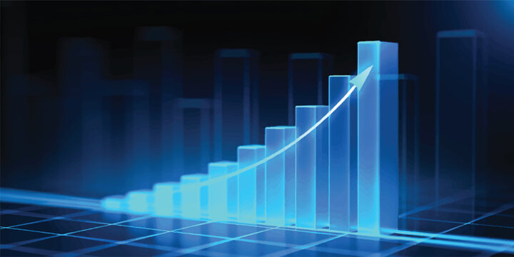 A 3d blue business graph featuring an upward arrow on a black background illustrates financial growth and market success through data investment and economic progress