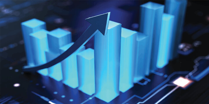 A 3d vector illustration of a financial business graph showing growth and market success with an upward arrow indicating progress in sales data and profit increase