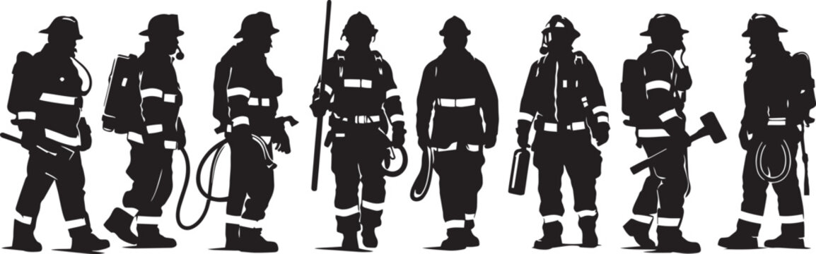 A vector illustration of a black silhouette of a person, a man with a sword standing together with a group of people including a woman and a child