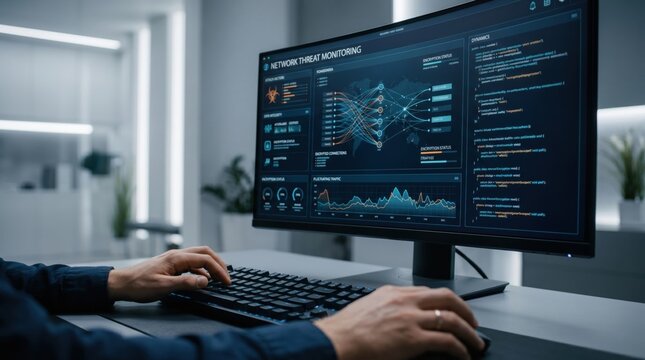 Cybersecurity specialist monitoring network threat detection system on computer screen, analyzing global cyber attack map, firewall status and security data logs in high-tech