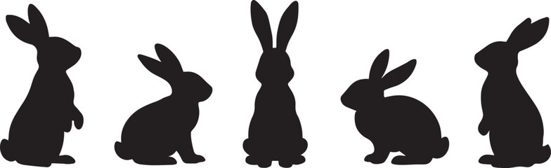 Isolated vector silhouettes of animals and birds featuring a cute bunny rabbit, a pet cat, and a wild donkey illustration for spring nature art © Mk