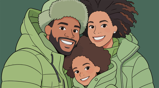 Happy Black Family Wearing Warm Winter Coats Together