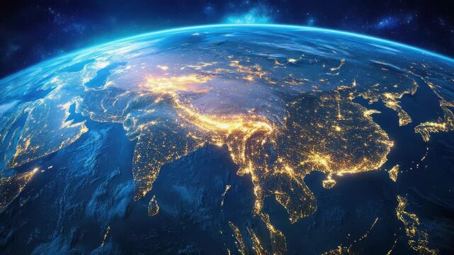 A stunning view of the world from space, showing continents with city lights at night.