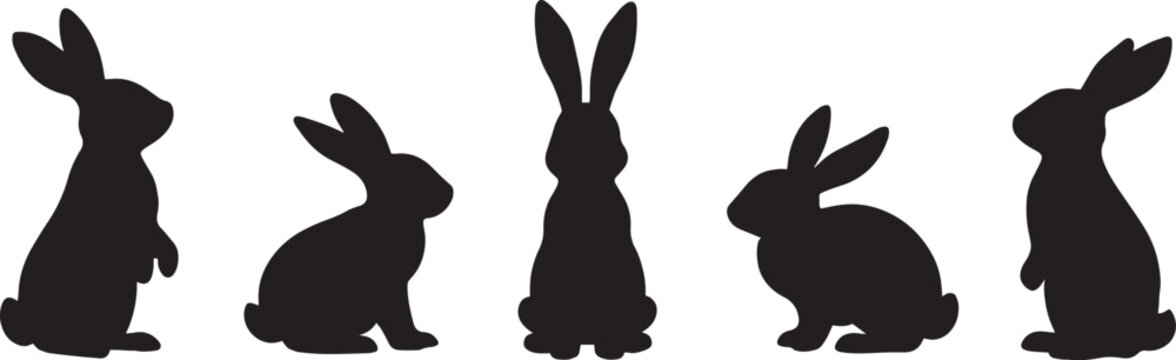 Isolated vector silhouettes of animals and birds featuring a cute bunny rabbit, a pet cat, and a wild donkey illustration for spring nature art