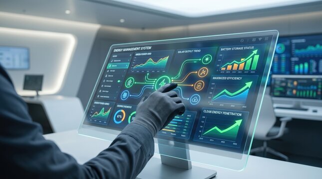 Futuristic Energy Management System Dashboard, Holographic Interface Monitoring Solar Power Grid, Battery Storage Status, Green Technology Control Panel, Smart Building Automation