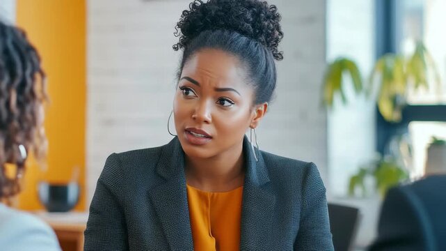 Professional African American woman with shoulder-length hair wearing a gray blazer over an orange shirt sitting and looking intently at the viewer.
