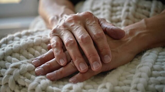 Timeless hands resting gently on a soft knitted blanket, revealing a journey of serene wisdom and quiet contemplation