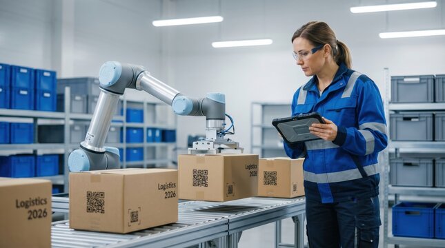 Woman Worker Operating Collaborative Robot Arm In Logistics Warehouse, Automated Packaging System For Boxes, Industrial Automation And Artificial Intelligence In Supply Chain