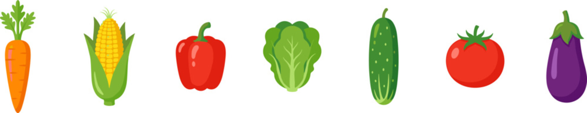 vegetable icons set with carrot corn pepper cabbage cucumber tomato and eggplant fresh organic food collection flat vector isolated on transparent background