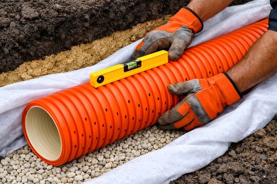 Construction worker checks drainage pipe level with a spirit level tool in a trench with gravel and geotextile fabric