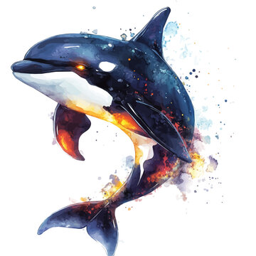 Orca, semi-realistic fantasy look, realistic form with magic elements, watercolor artwork, isolated on white