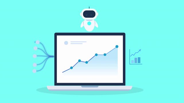 Animated AI robot analyzing a growing data chart on a laptop with a small analytics chart icon, representing business growth, data reporting, performance tracking, and digital analytics insights.