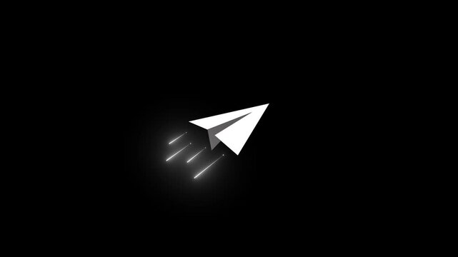 Paper plane icon flying on black background with light trails or speed lines.
