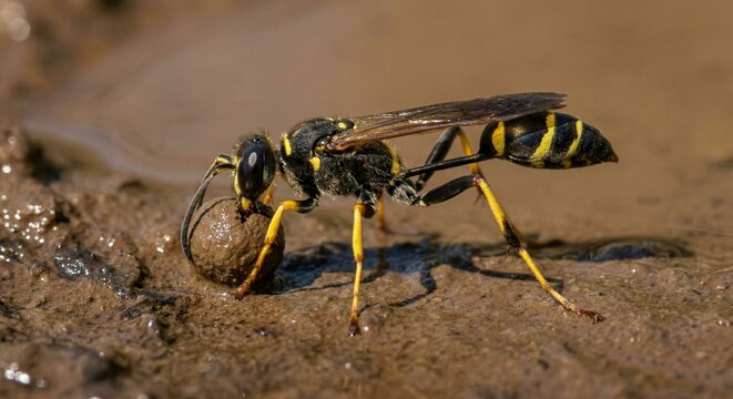 Black and yellow mud dauber wasp gathering wet soil to build a nest