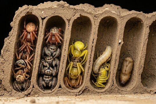 Cross section of a mud dauber nest revealing paralyzed spiders and wasp larvae development