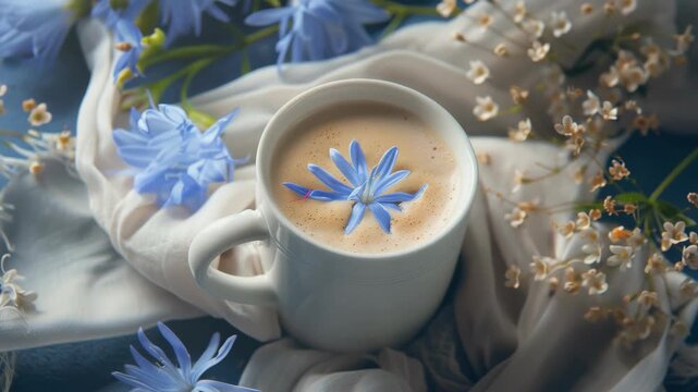 A beautifully arranged coffee cup setting featuring a delightful floral pattern tablecloth and fresh flowers in the center.