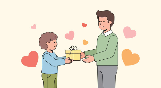 Man giving a gift to a boy surrounded by hearts