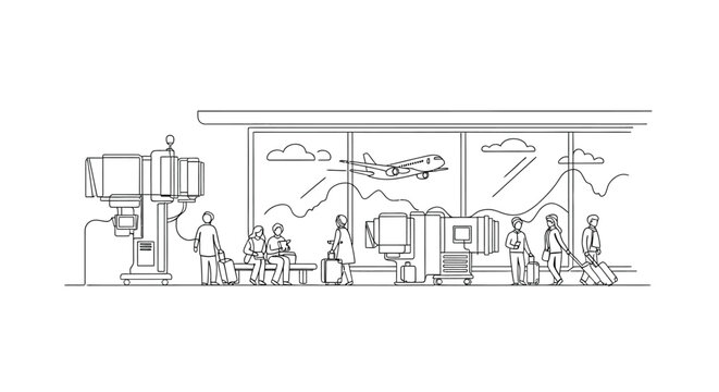 People wait at airport terminal with plane taking off outside